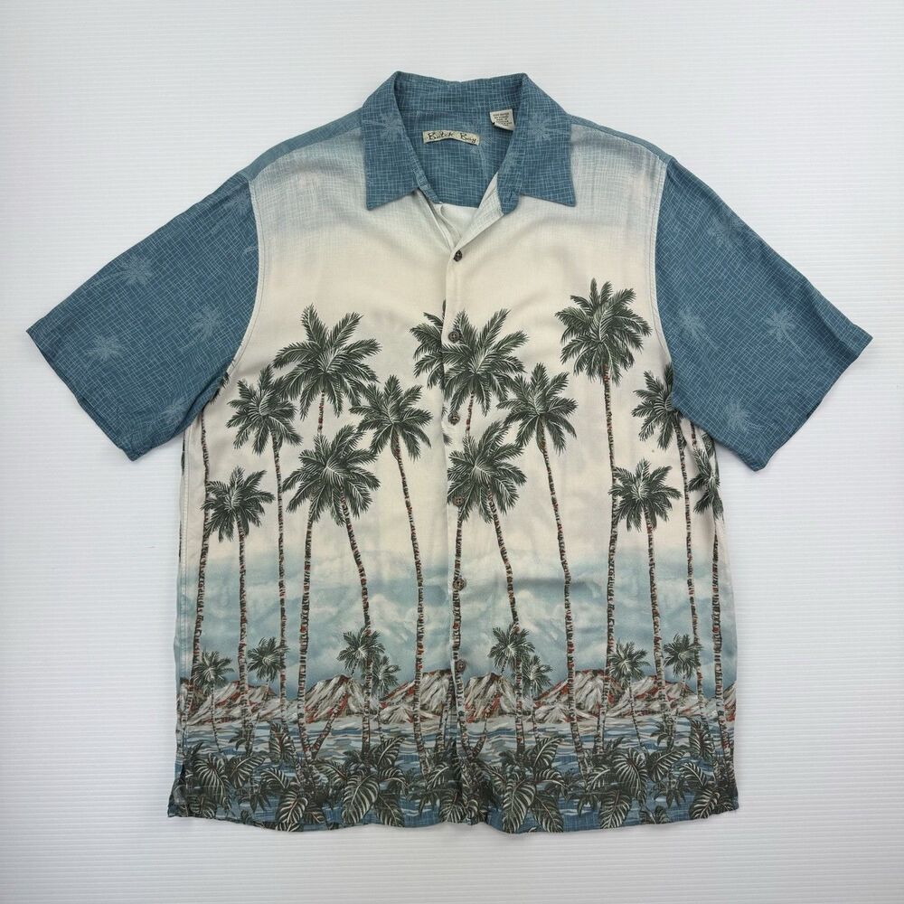 Hawaiian Shirt Mens L Batik Bay Palm Tree Beach Aloha Rayon Camp